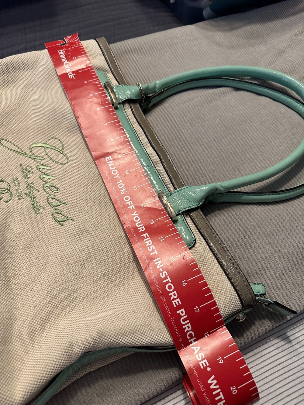 Guess Canvas Tote in Cream with Mint Trim - Picture 3 of 14